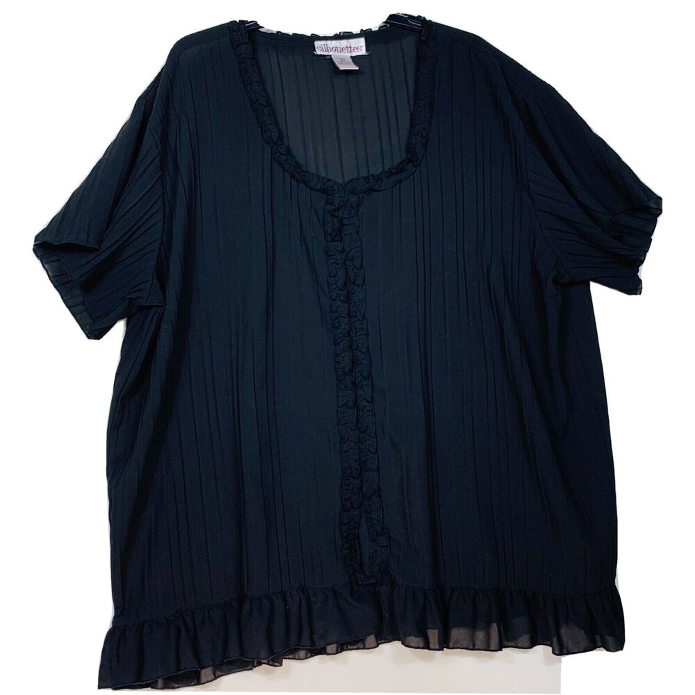 Silhouettes Shirt Womens 2X Black Sheer Hidden Button Front Tunic Short Sleeves